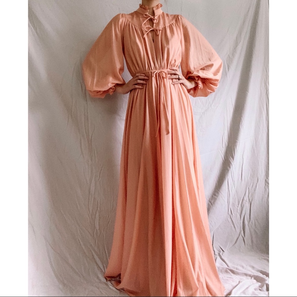 70s Vintage Peach Peasant Maxi Dress